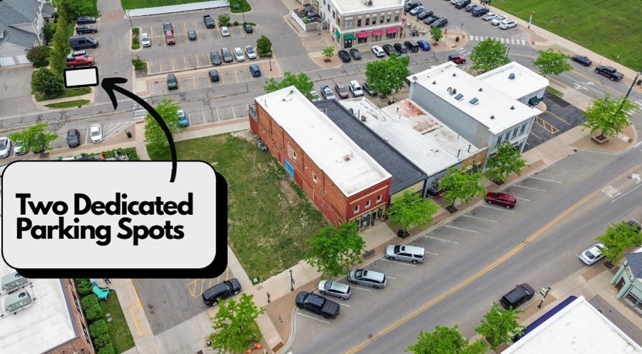 Aerial view showing the two dedicated Lake Street Loft parking spots