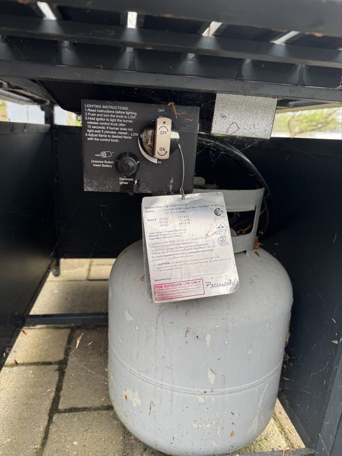 Propane tank, control knob, and ignitor inside the fire pit side door