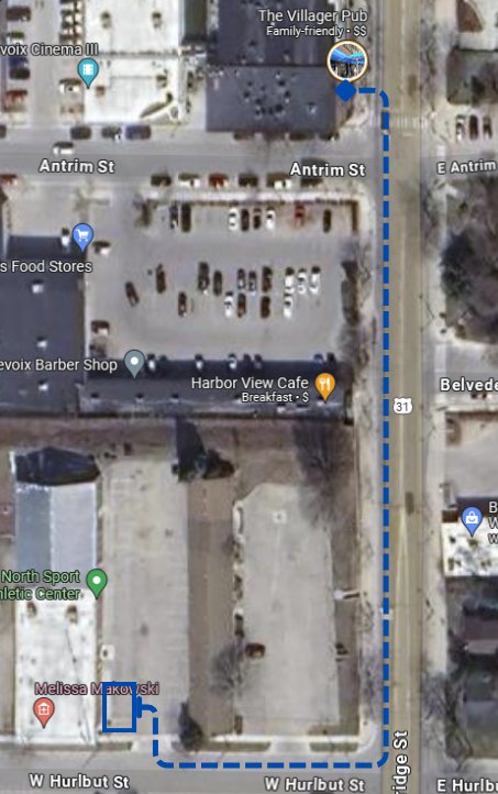 Map showing the route to the reserved guest parking spots south of Olsen's